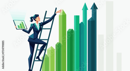 Ambitious Businesswoman Climbing Ladder of Success Reaching for Goal in Financial Growth