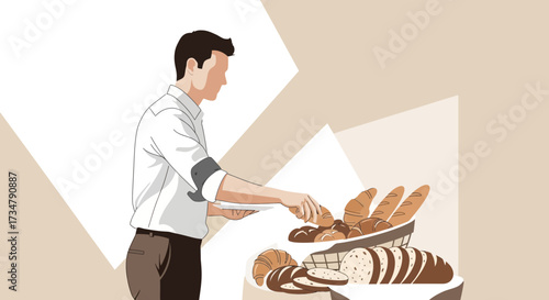 Bakery Scene Depicting The Process Of Selecting Freshly Baked Bread Confections