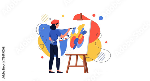 An artist paints a colorful abstract painting on a canvas with a palette and brush