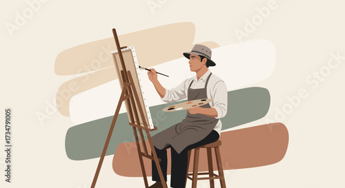 An Artist Painting on Canvas with Brush, Palette, and Easel in a Creative Studio