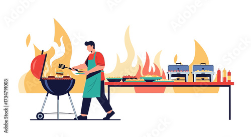 Barbecue Celebration: A Chef Preparing Food For An Outdoor Party Celebration With Flames