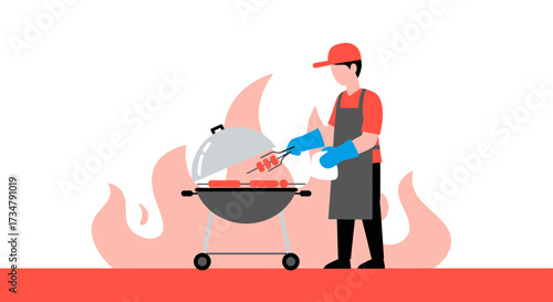Barbecue Cook Performs Outdoor Cooking, Preparing Food On Grill, Summer Activity