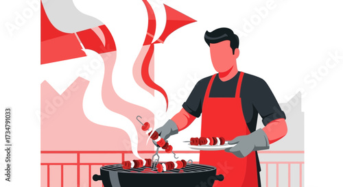 Barbecue Master Crafts Delicious Grilled Kebabs Under a Summer Sky, Cooking and Hosting Outside