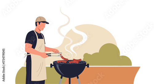 Barbecue Scene: A Man Grilling Sausages Outdoors with Grill and Summer Vibes