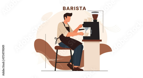 Barista Brewing Coffee, Flat Illustration Of Professional Preparing Beverage For Customers