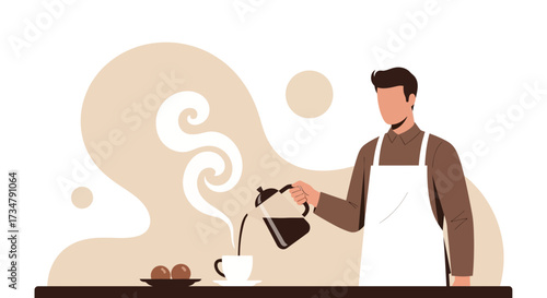 Barista Carefully Pouring Hot Coffee Into A Cup, Cafe Graphic Illustration
