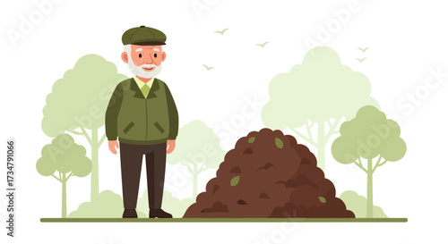 An Elderly Gardener Standing Near Compost Pile in Garden, Working Environment