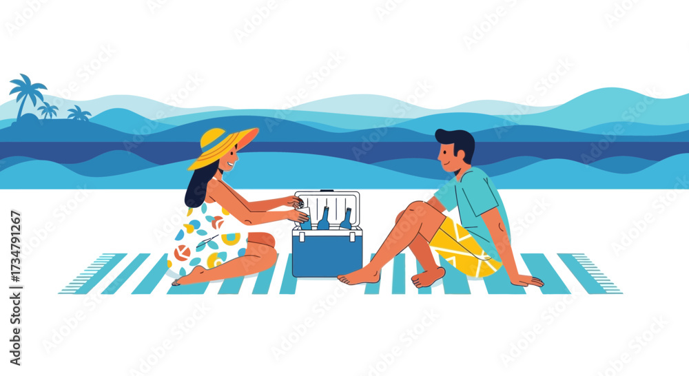 Fototapeta premium Beach Picnic Scene: Couple Enjoying Summer with Drinks and Ocean in the Background