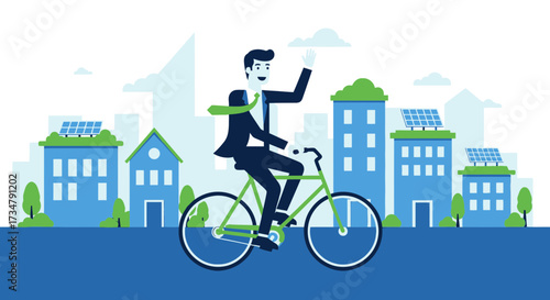 An illustration of a businessman cycling in a city powered by green energy no comma