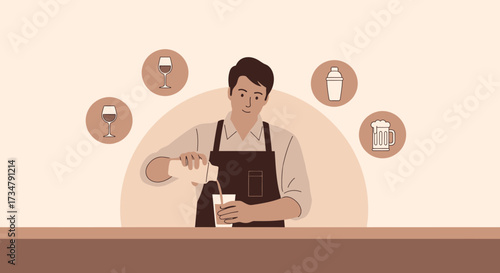 Bartender Crafting Drinks: A Stylish Illustration for Beverage and Cocktail Creation