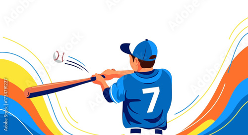 Baseball game illustration depicts a baseball player swinging the bat at the ball in action