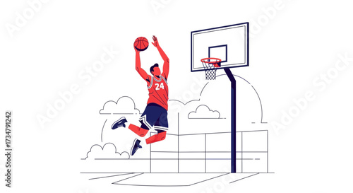 Basketball player in action, doing a slam dunk towards the hoop with a modern design