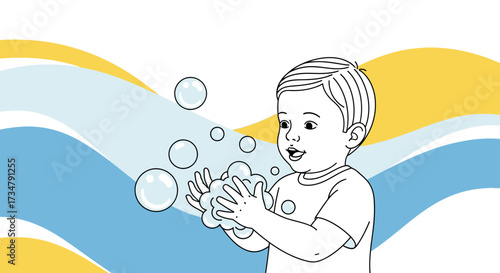 An Illustration of a Child Playing with Soap Bubbles, a Vector Drawing
