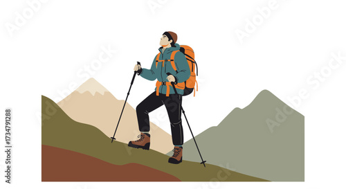An illustration of a hiker trekking in the mountains during a sunny and beautiful day