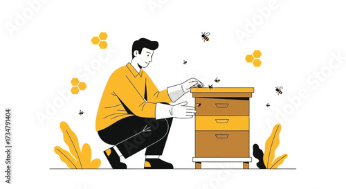 Beekeeper tending to beehive illustration vector graphic in minimalist design