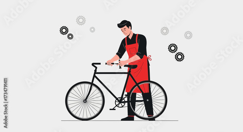 Bicycle Mechanic Repairing Bike With Tools And Gears Against A Cool White Background