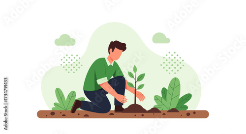An illustration of a person planting a tree as part of an environmental initiative