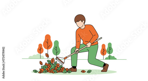 An illustration of a person raking leaves outdoors during the fall season