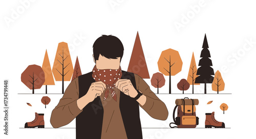 An illustration of a person preparing for adventure against an autumn environment