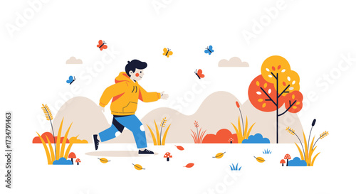 An illustration of a person running in a park with butterflies and autumn elements