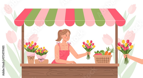 Blooming Flowers, Fresh Produce, And Smiling Vendor At An Outdoor Market