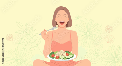 Blissful Moment: Woman Revels In Delicious And Nutritious Meal Delightful Plate