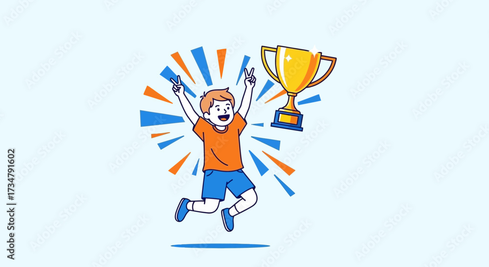 Fototapeta premium Boy Celebrates Victory with Trophy After Achieving Success, Joyful Achievement Illustrated