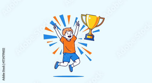 Boy Celebrates Victory with Trophy After Achieving Success, Joyful Achievement Illustrated