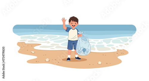 Boy cleaning up beach, supporting environment, and showing a bright smile while waving
