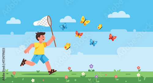 Boy chasing butterflies in a playful and colorful illustration on a sunny day