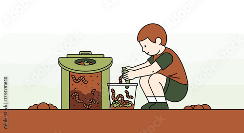 Boy composting worms in a container to create fertilizer for gardening illustration