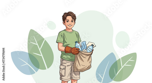 Boy collecting trash for environment conservation, environmental and world protection, plastic pollution solution