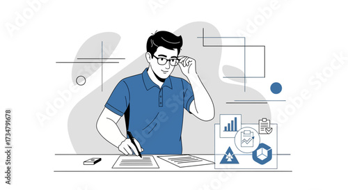 Analyst Examines Documents, Observing Graphs, And Analyzing Information With Glasses