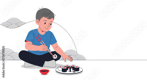 Boy Enjoying Delicious Sushi with Chopsticks in a Calm and Minimalist Setting
