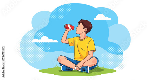 Boy Enjoying Drink Outdoors: Refreshment in the Sun with Sky and Clouds Illustration
