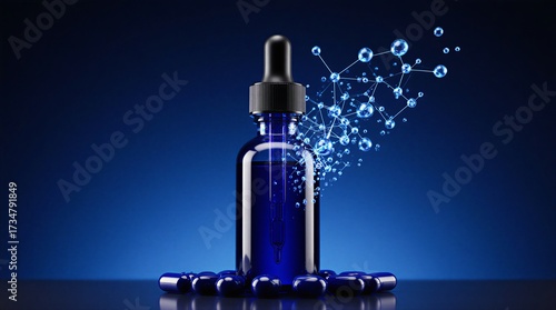 advanced dropper bottle filled with vibrant blue liquid, displaying molecular structures in a futuristic setting | pharmaceutical, health, science, technology, research theme