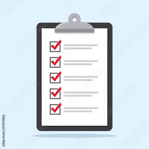 Clipboard with Checklist Completing Tasks and Achieving Goals, Red Checks on Paper