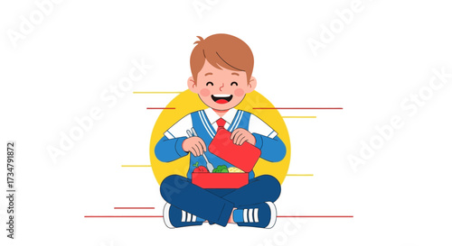 Boy Enjoying His Lunchbox Meal with a Smile in a Simple And Delightful Illustration