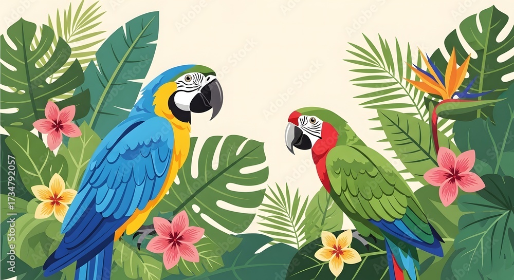Obraz premium Two colorful parrots in a lush tropical jungle oasis