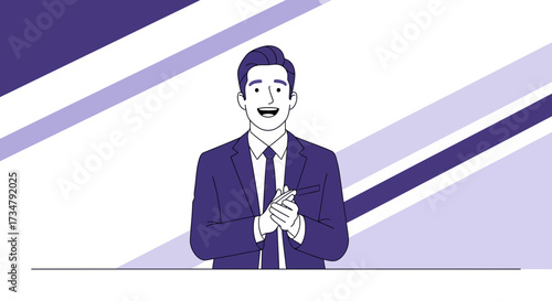 Animated Businessman Appearing Enthusiastic With Purple Background and Stripes