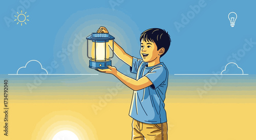 Boy holding a solar powered lantern, representing renewable energy and sustainability