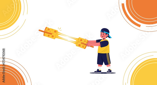 Boy Holding Cheese Pieces that Connect, Conceptual Artwork of a Playful Moment