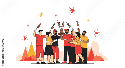 Animated Group Celebrating And Enjoying Food During An Outdoor Gathering Event