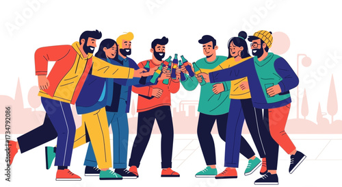 Animated Group Of Friends Toasts With Bottles Celebrating Together Outside