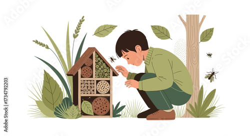 Boy Observing Insects at a Bug Hotel, Cute Cartoon Illustration, Nature Study