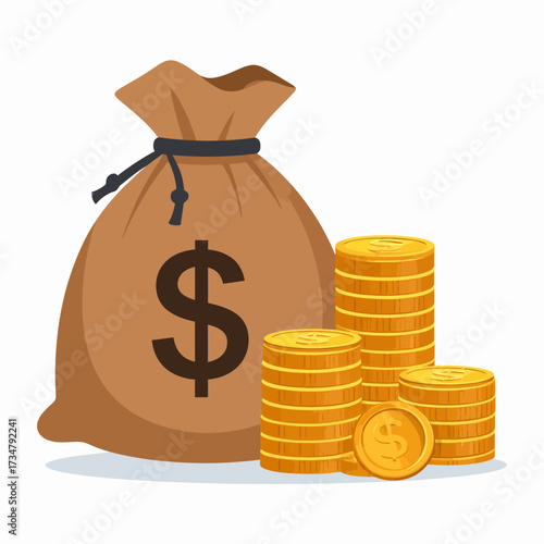 A vector illustration of a burlap money bag with a dollar sign next to stacks of gold coins, symbolizing wealth, savings, and financial profit