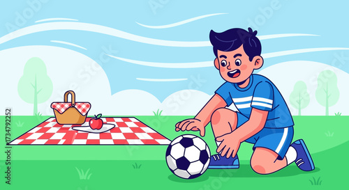 Boy Playing Soccer In A Park Beside A Picnic Basket And Apple on Sunny Day