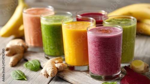 Wallpaper Mural A colorful collection of six smoothies made with ingredients like fruits, vegetables, and spices placed on a rustic wooden table. Torontodigital.ca