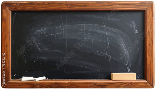 Blank blackboard with wooden frame and chalk eraser, perfect for educational or creative purposes