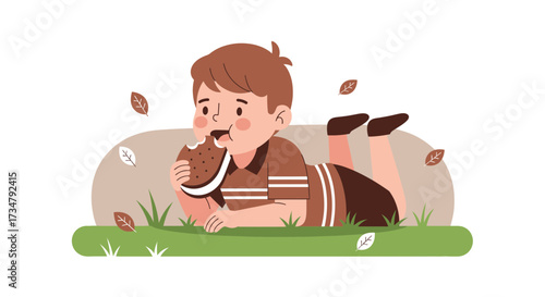 Boy Relaxes Outdoors Enjoying Delicious Biscuit With Sweet Cream With Autumn Decorations